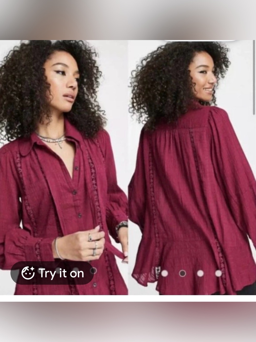 Free People Burgundy Button-Front Peasant Blouse Size XS/TP